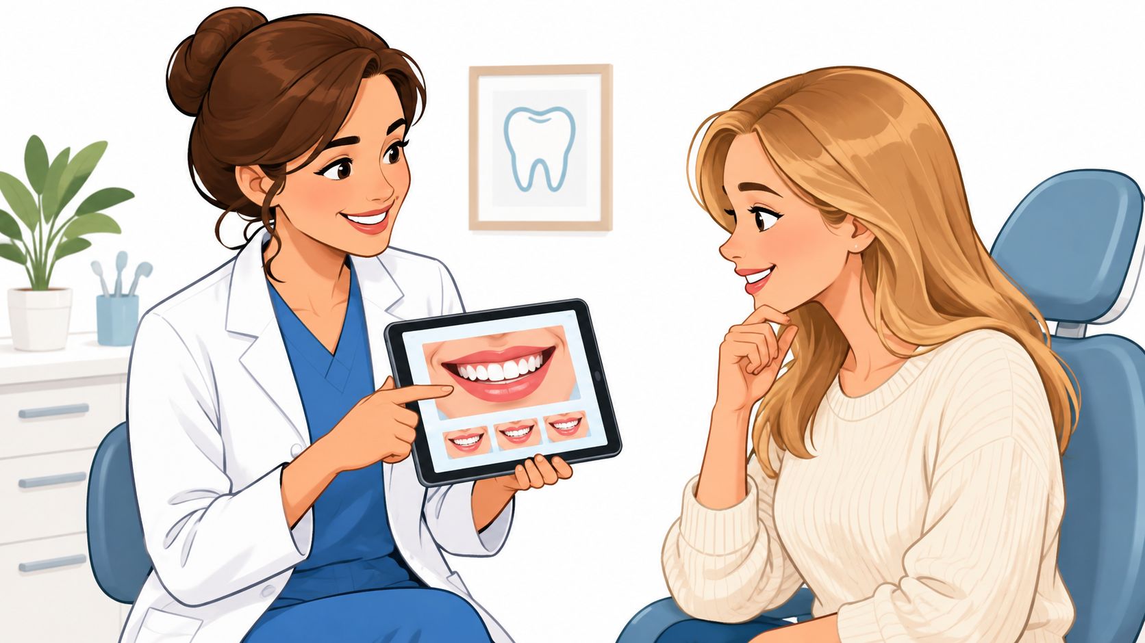 A friendly female dentist explains dental cosmetic procedures to a patient using a tablet in her office.