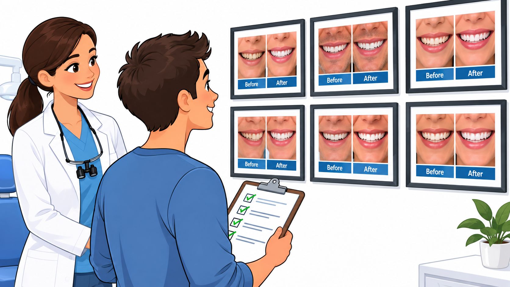 A friendly female dentist explains dental whitening procedures to a male patient using before and after charts.
