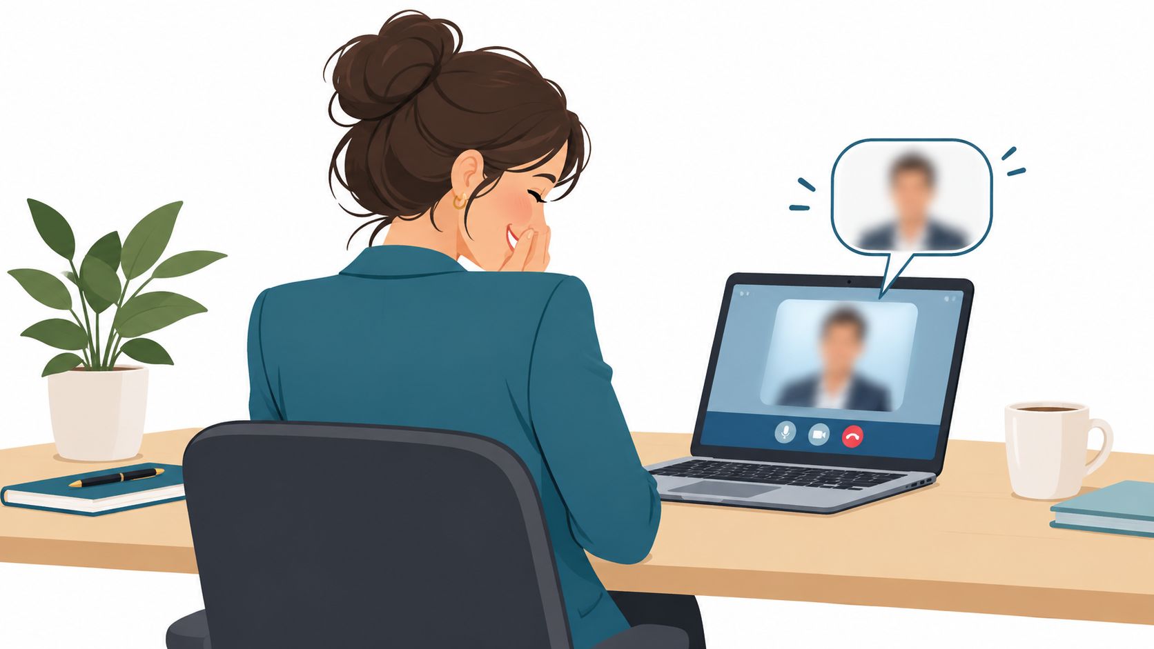 A professional woman having a video conference meeting on her laptop at an office desk.