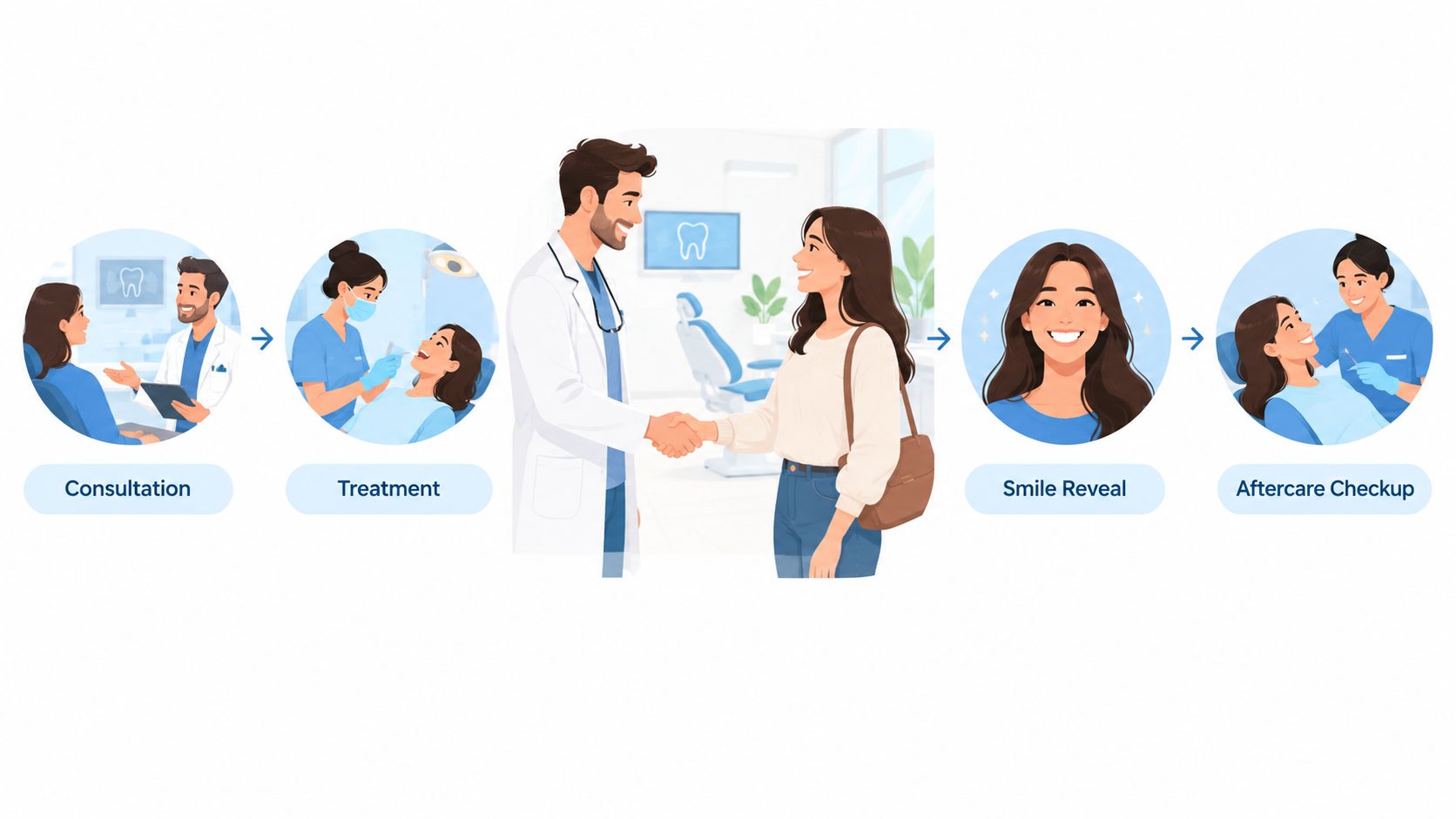 A professional illustration showing the four stages of a dental procedure including consultation, treatment, smile reveal, and aftercare.