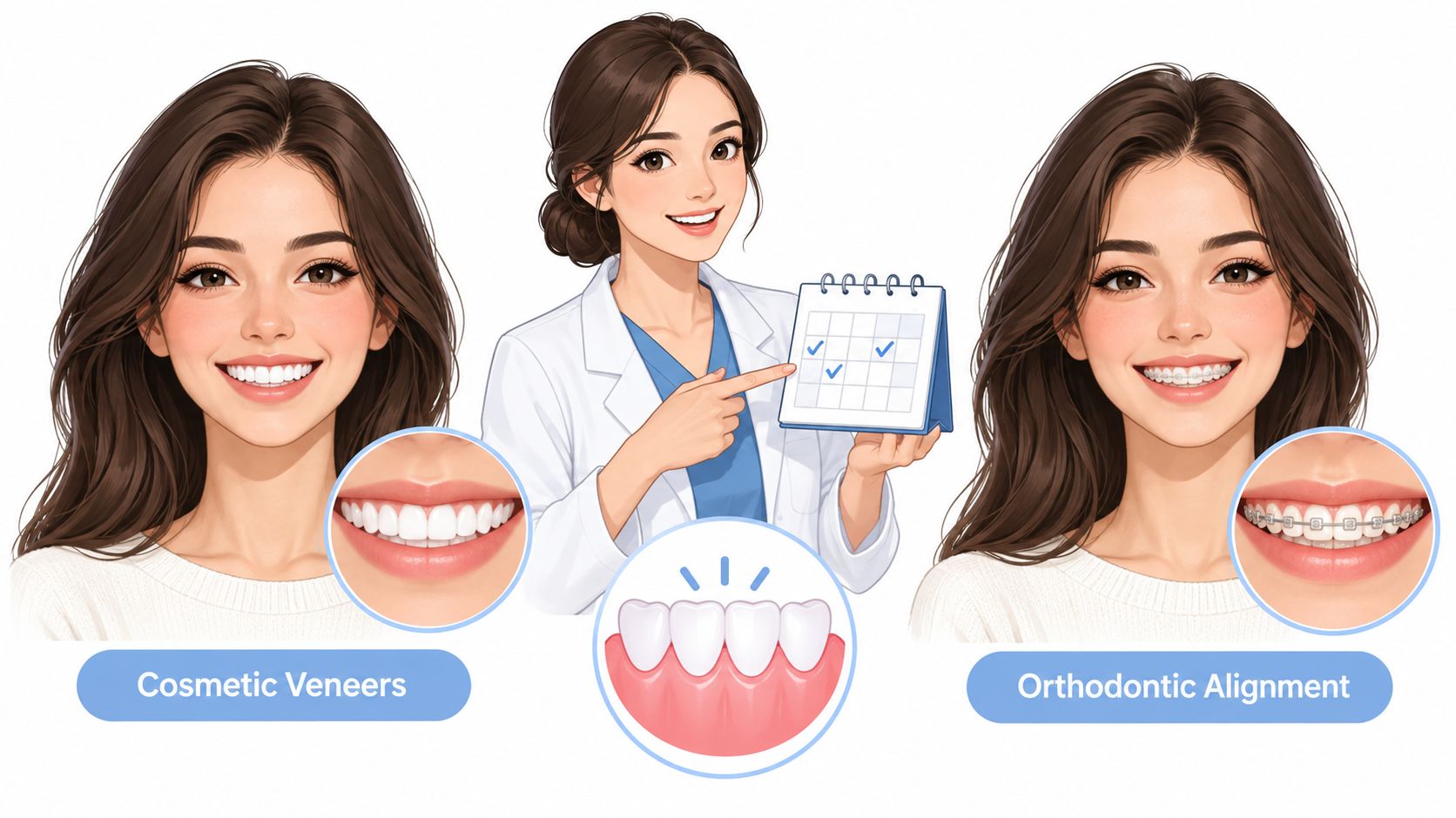 A dentist illustrates the difference between cosmetic veneers and orthodontic alignment for a patient's smile makeover.