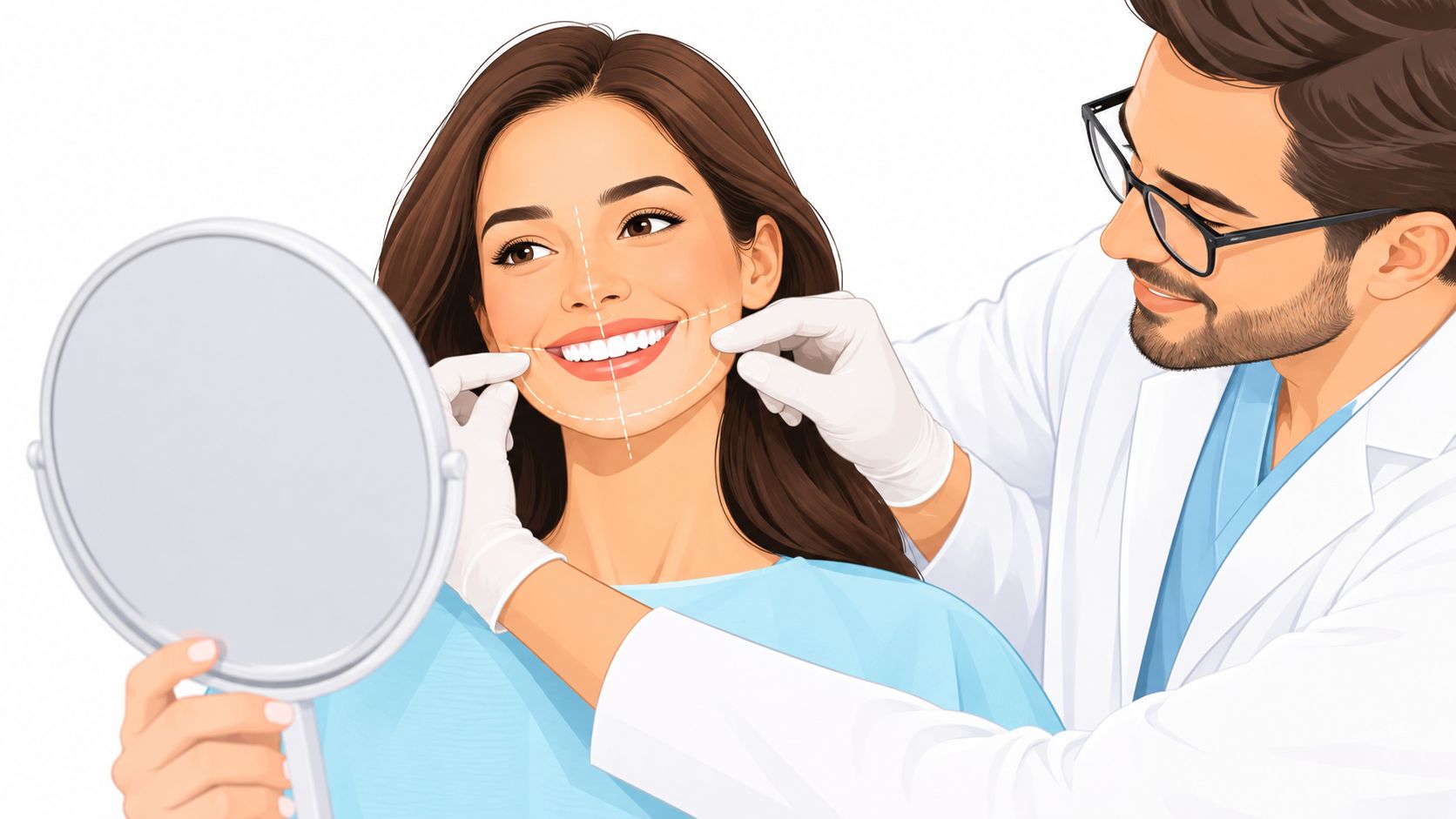 A professional dentist examining a patient's smile while she looks into a hand-held mirror.