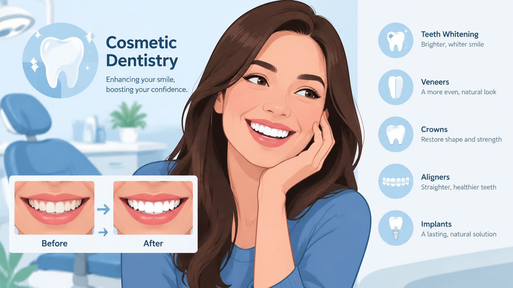 A woman smiling while looking at an infographic explaining various cosmetic dentistry procedures like whitening and veneers.