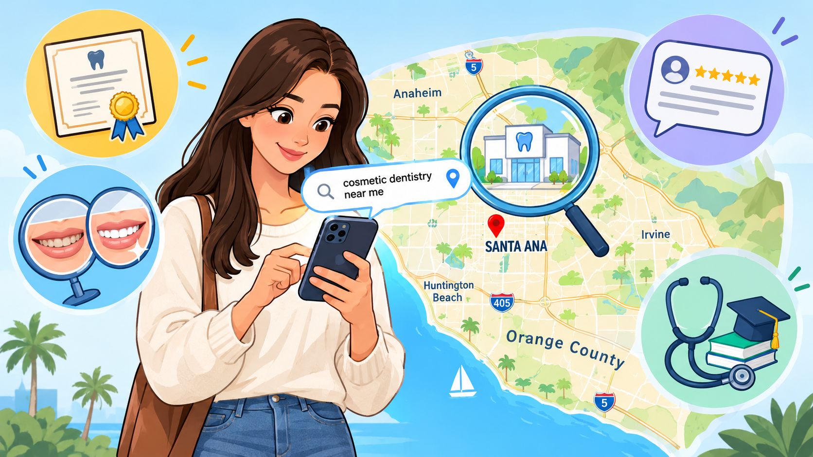 A woman using her smartphone to search for cosmetic dentistry services near her in Orange County, California.