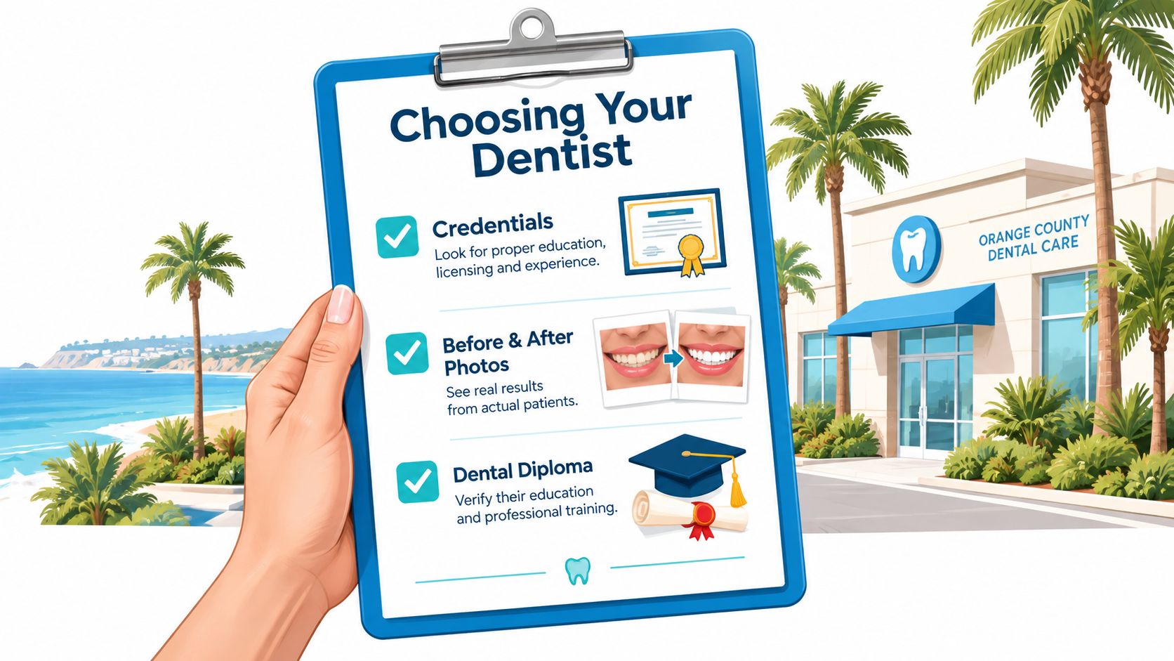 A hand holds a clipboard with tips for choosing a cosmetic dentist in Orange County, California.