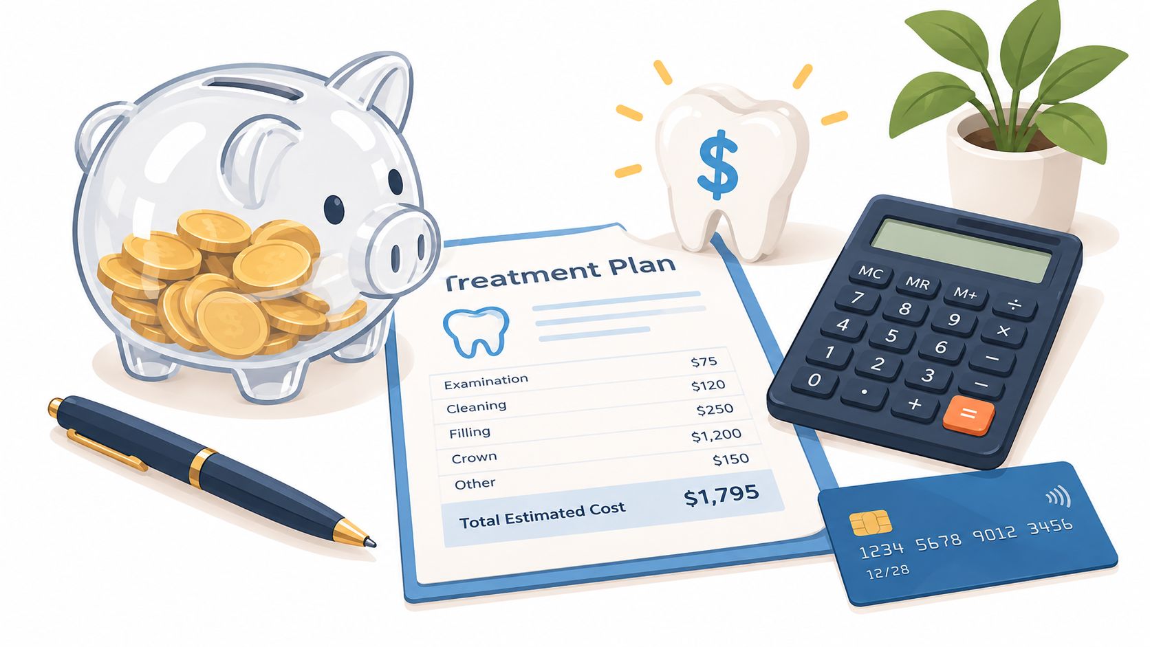 A dental treatment plan document with cost estimates, a piggy bank, calculator, pen, and credit card.