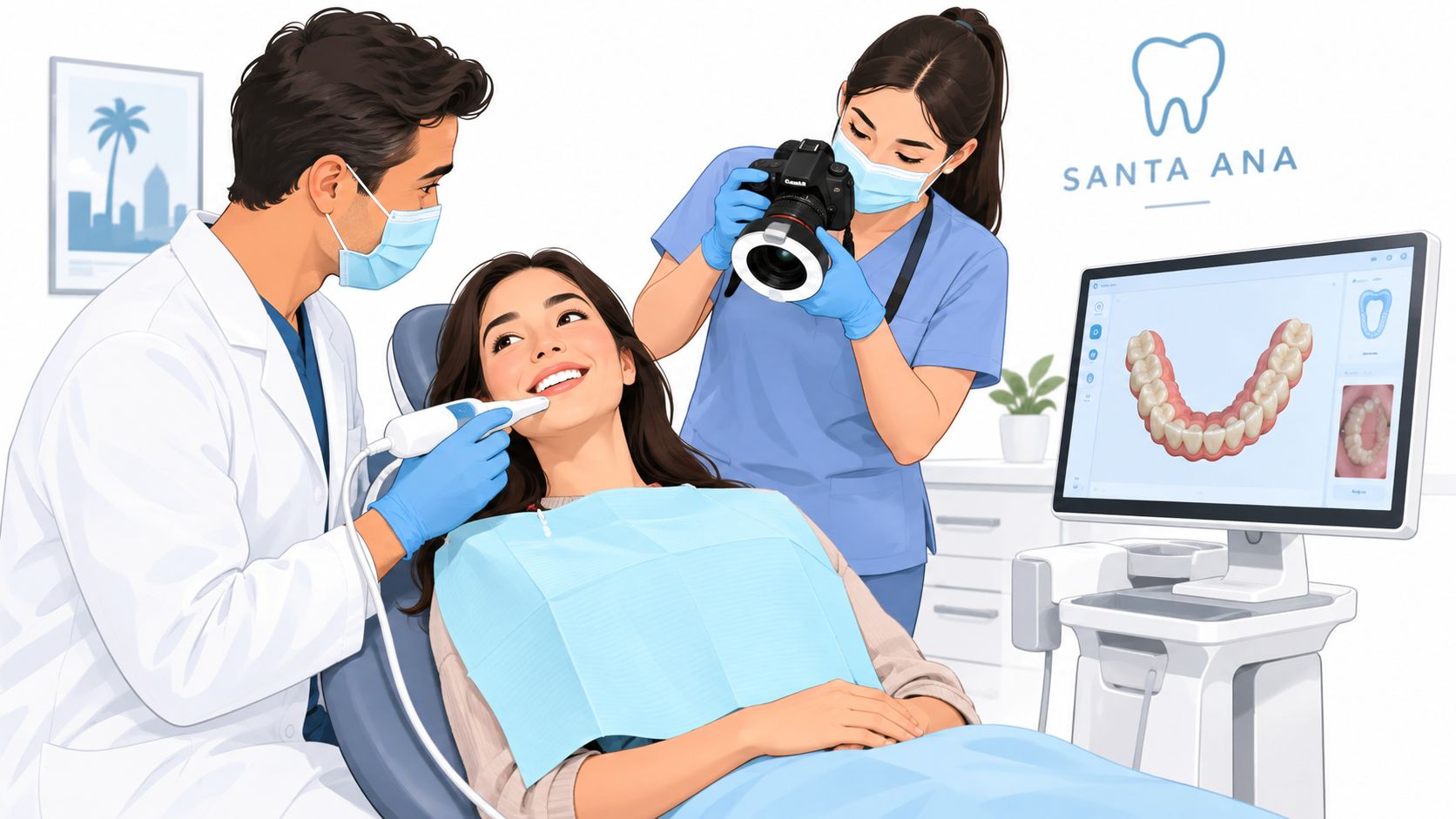 A dentist using a 3D scanner on a patient while a dental assistant takes clinical photographs.