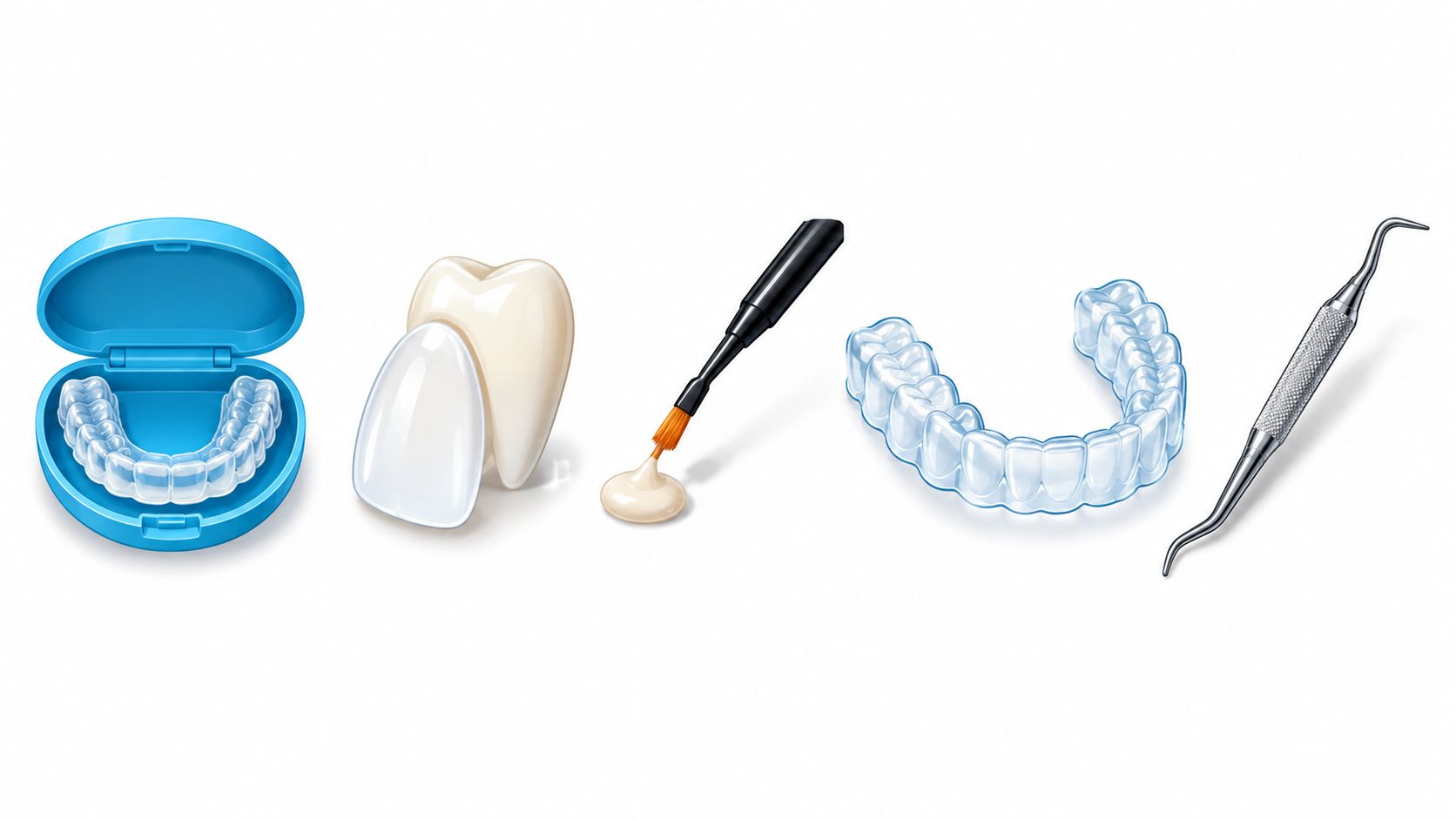 Set of cosmetic dental tools including clear aligners, a dental veneer, applicator brush, and scaler instrument.