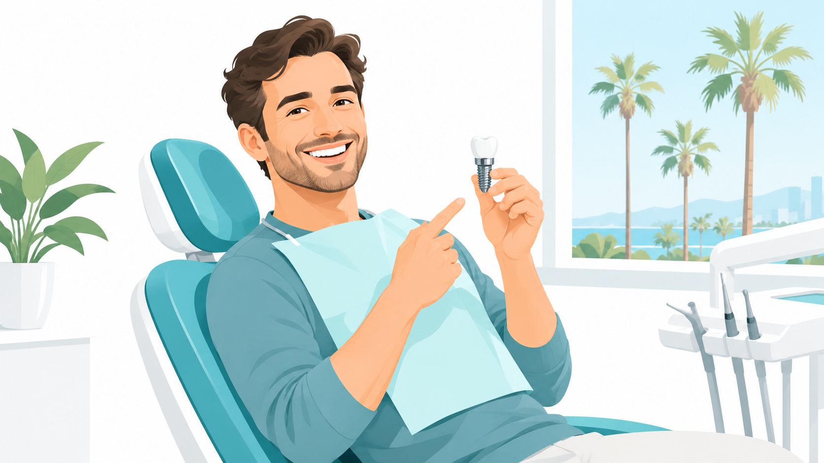 A happy man sitting in a dental chair pointing at a tooth implant in his hand.