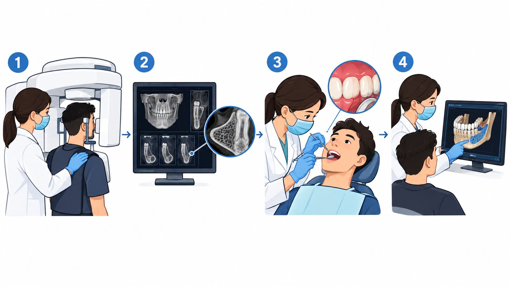A sequence of images showing a patient undergoing a dental procedure involving imaging and consultation.
