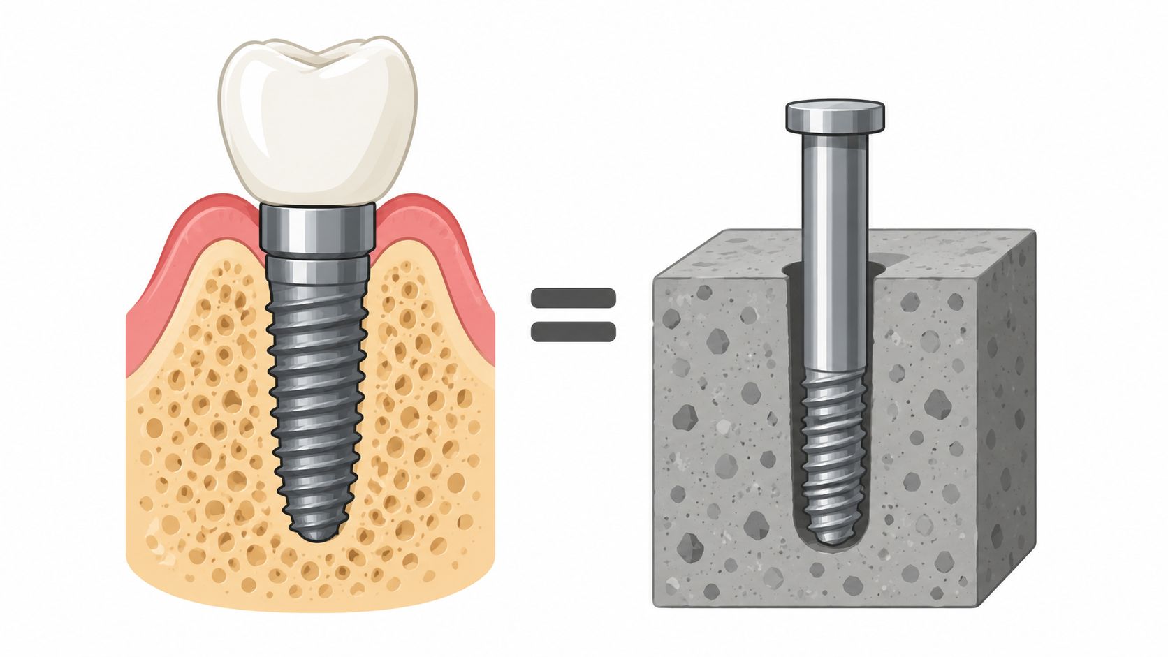 A diagram comparing a dental implant in human jawbone to a metal anchor bolt in concrete.