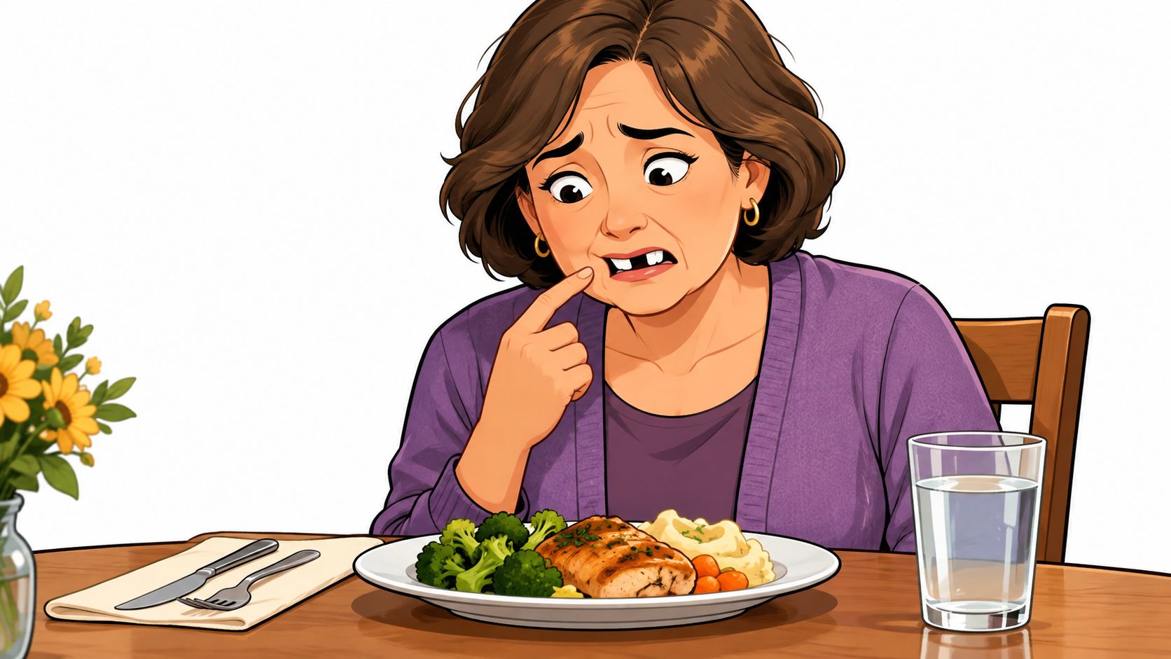 An elderly woman sitting at a dining table looks worriedly at a missing tooth in her mouth.