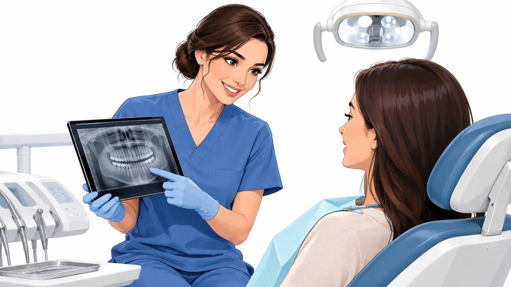 A friendly female dentist in blue scrubs shows a digital dental X-ray on a tablet to her patient.