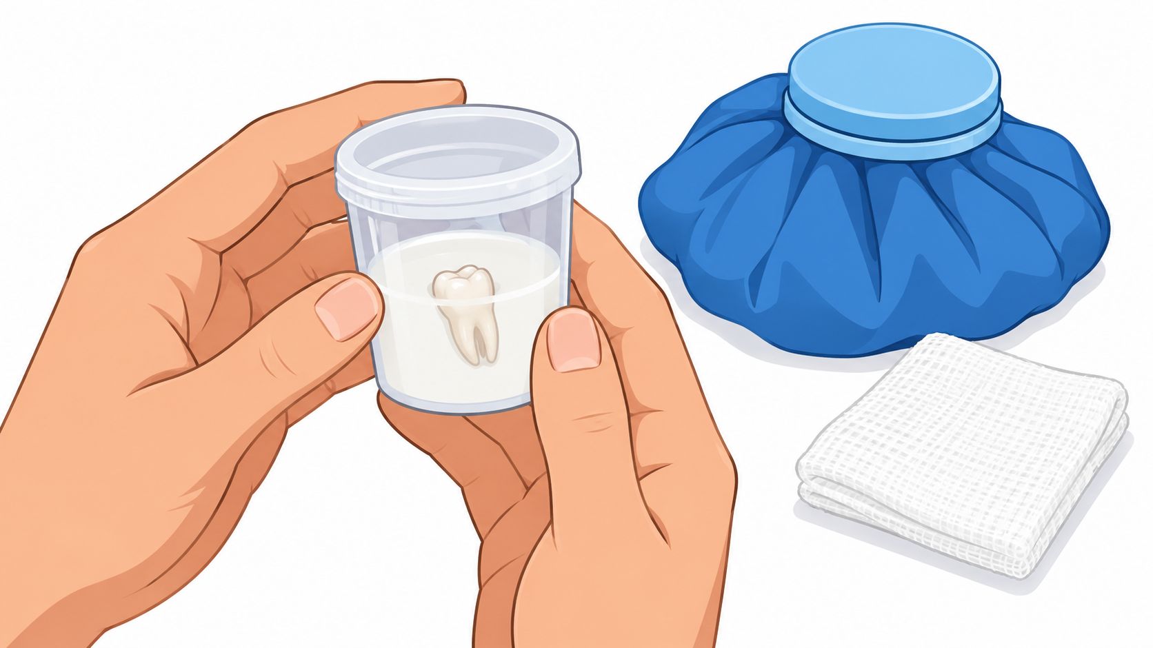 A person holding a container with a knocked-out tooth in milk beside an ice pack and gauze.