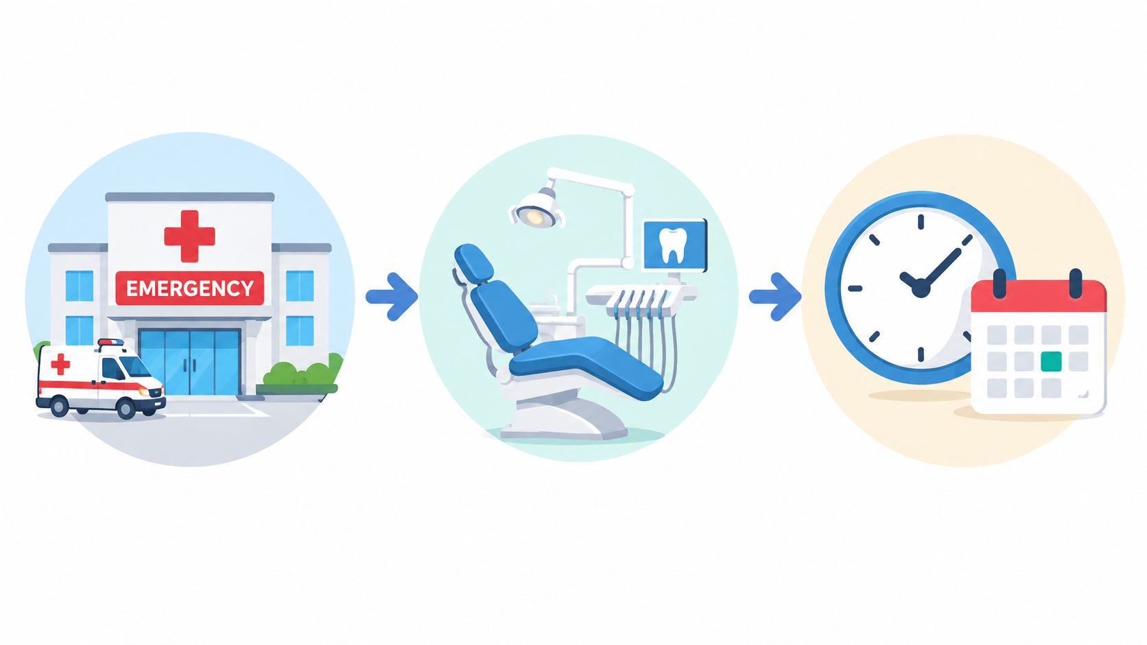 A diagram illustrating the emergency dentist process from hospital visit to dental chair to scheduling appointments.