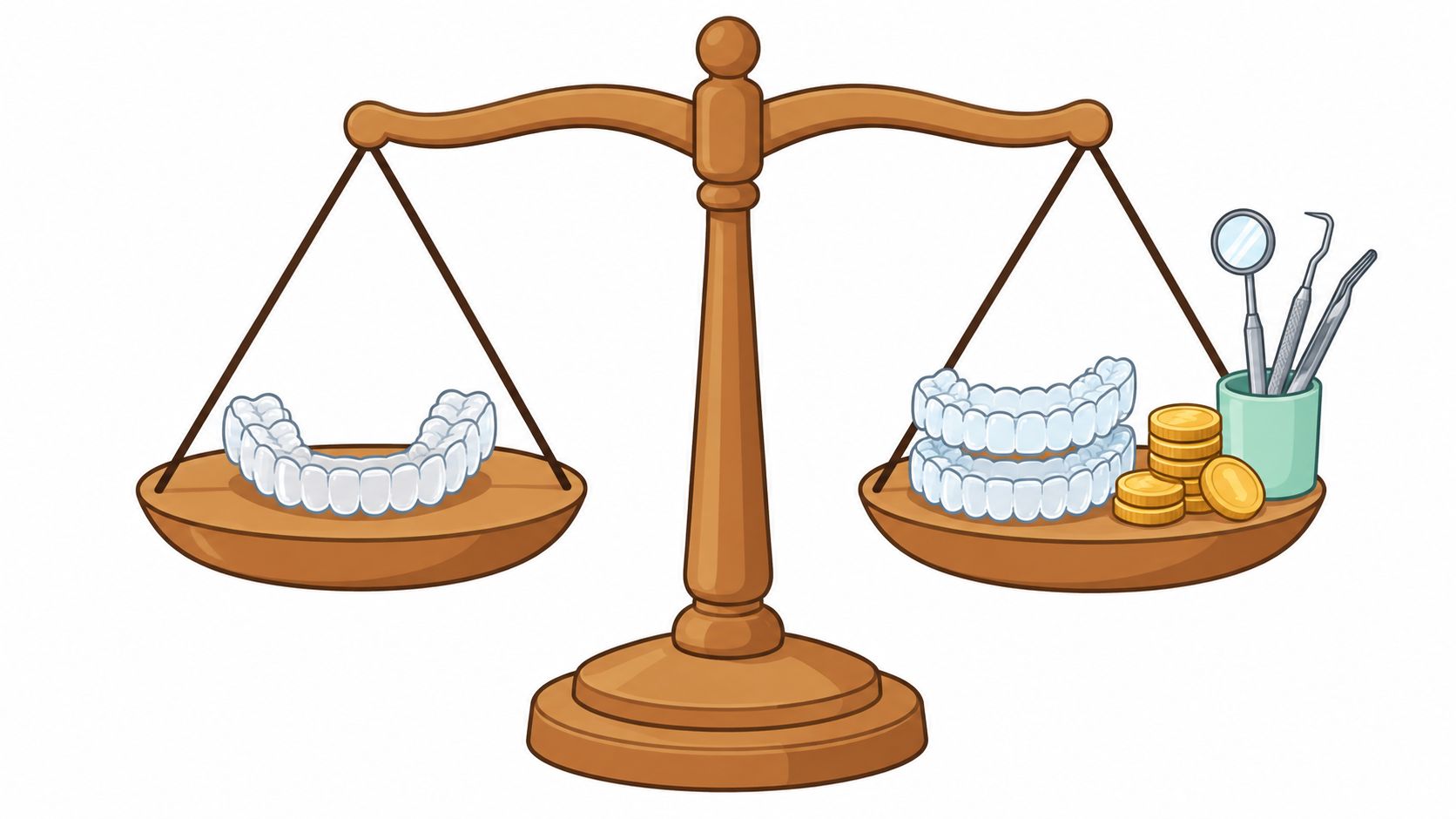 A wooden balance scale showing clear dental aligners compared to aligners with dental tools and coins.