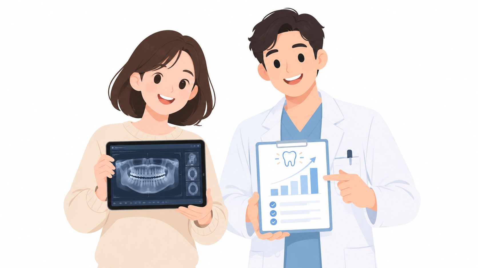 A friendly dentist and a female patient reviewing dental X-rays and treatment progress on a digital tablet.