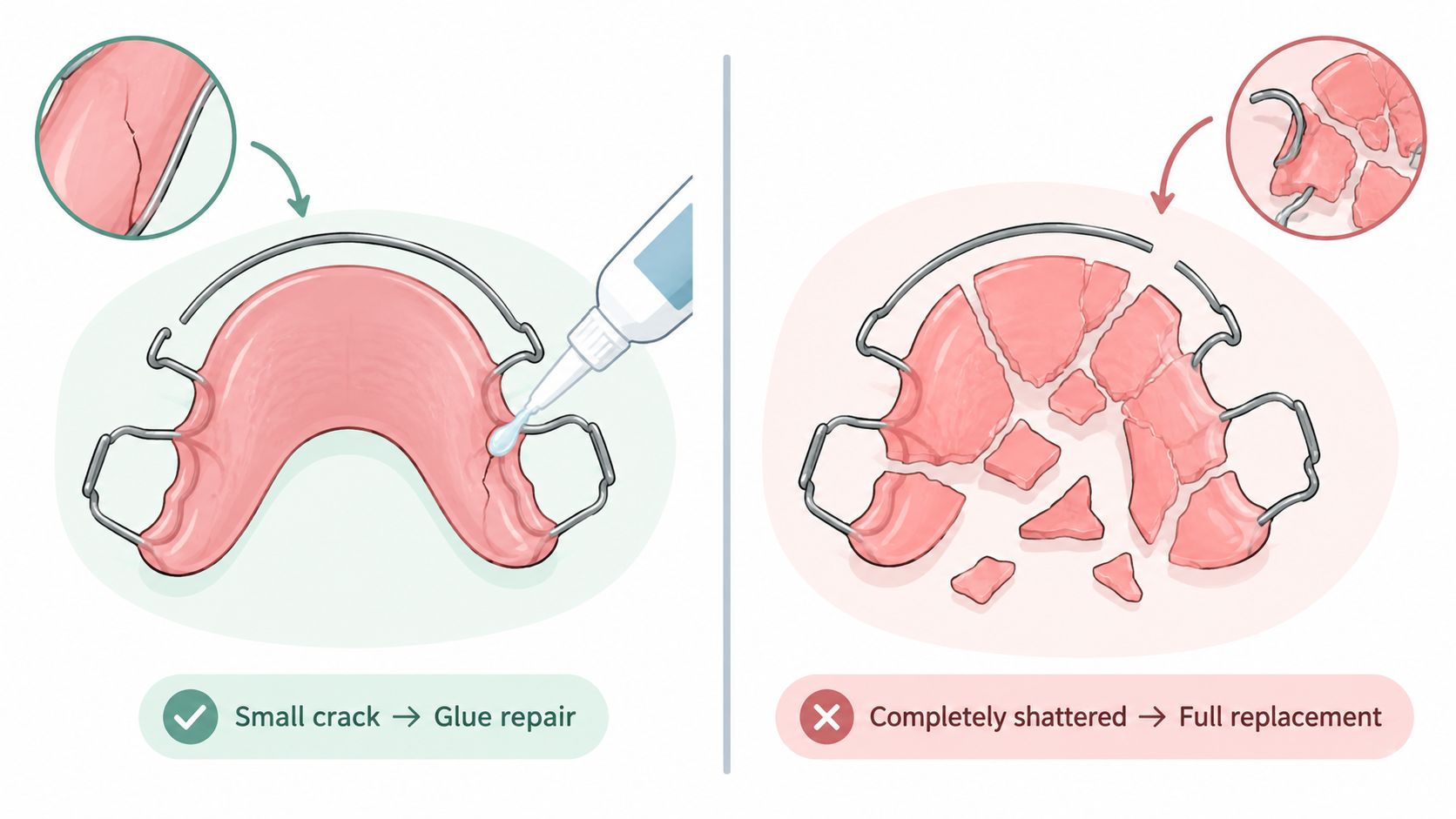 An illustration comparing a retainer with a minor crack being glued versus one that is shattered.