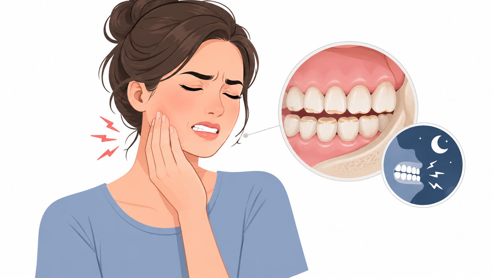 A woman holding her jaw in pain, illustrating the effects of nighttime teeth grinding or bruxism.