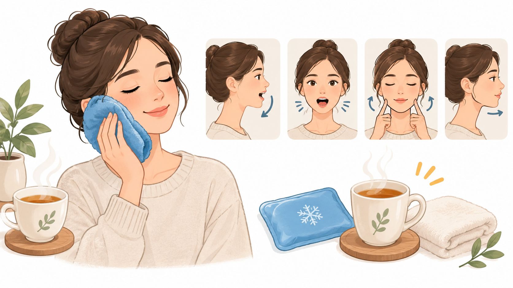 An illustration showing a woman performing jaw exercises and applying a cold compress for tooth pain relief.