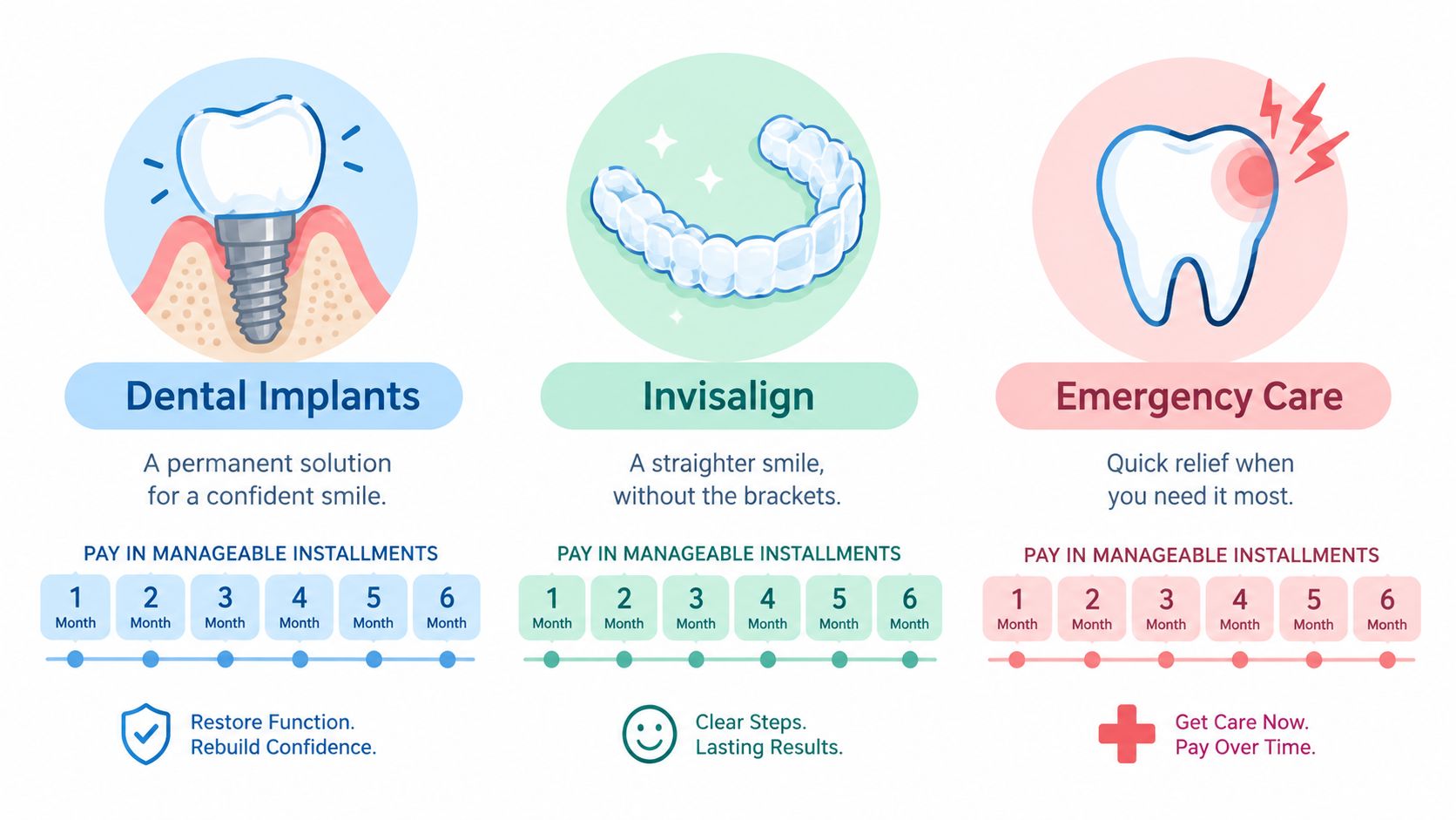 A graphic showing three dental services with six-month payment plans for implants, Invisalign, and emergency care.