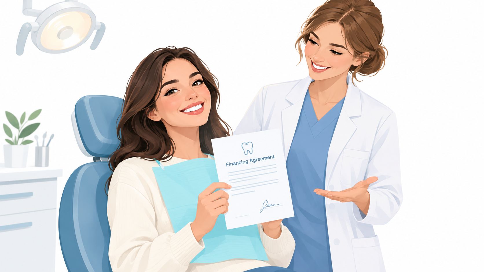 A friendly dentist explaining a dental financing agreement to a smiling patient sitting in a dental chair.