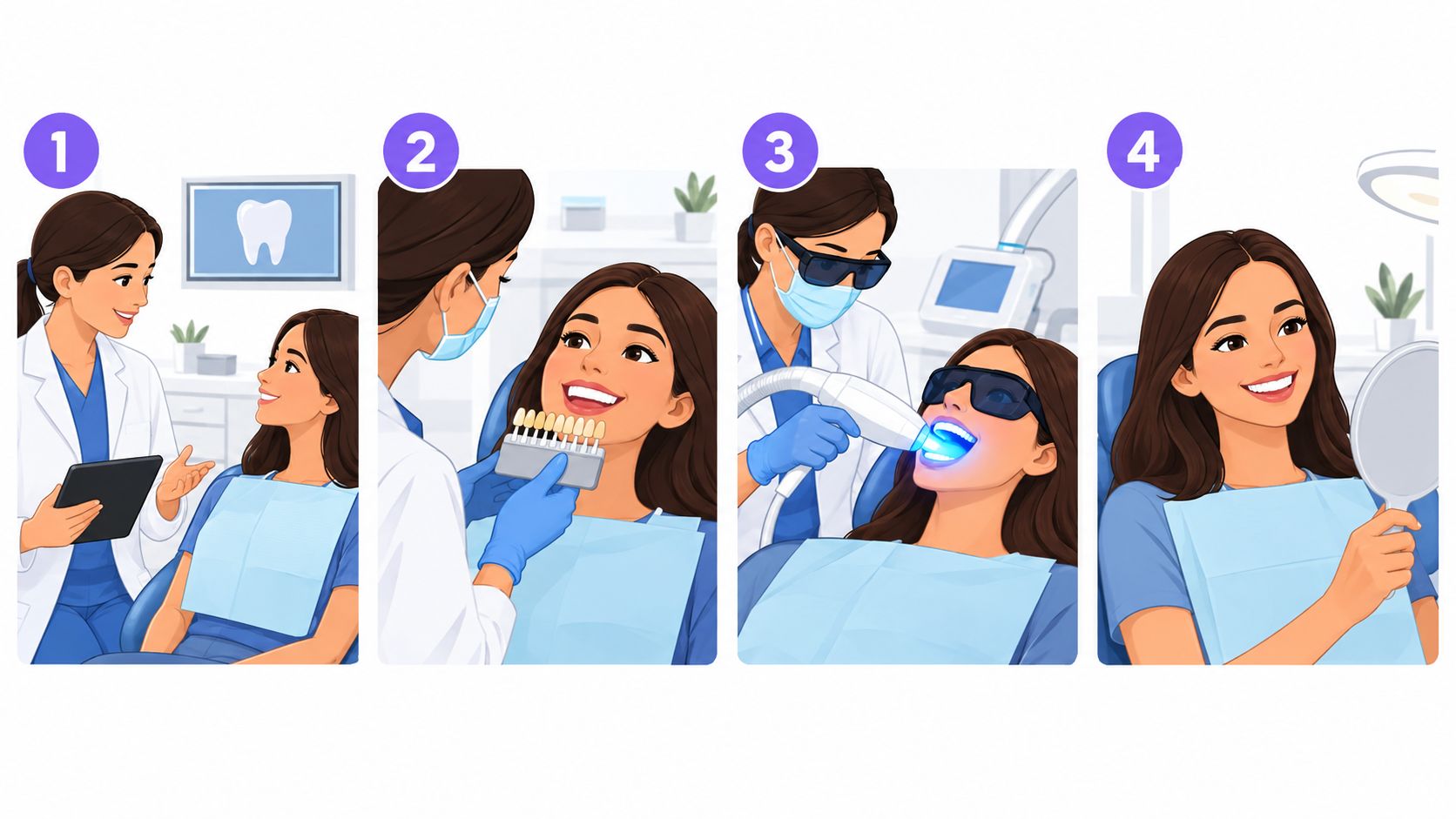 A four-step infographic showing a dentist performing a professional laser teeth whitening procedure on a female patient.