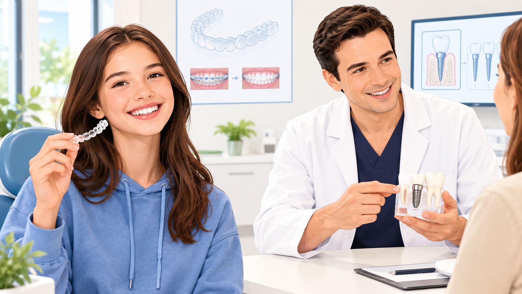 A friendly dentist explaining dental implant procedures and clear aligners to patients in a modern dental office.