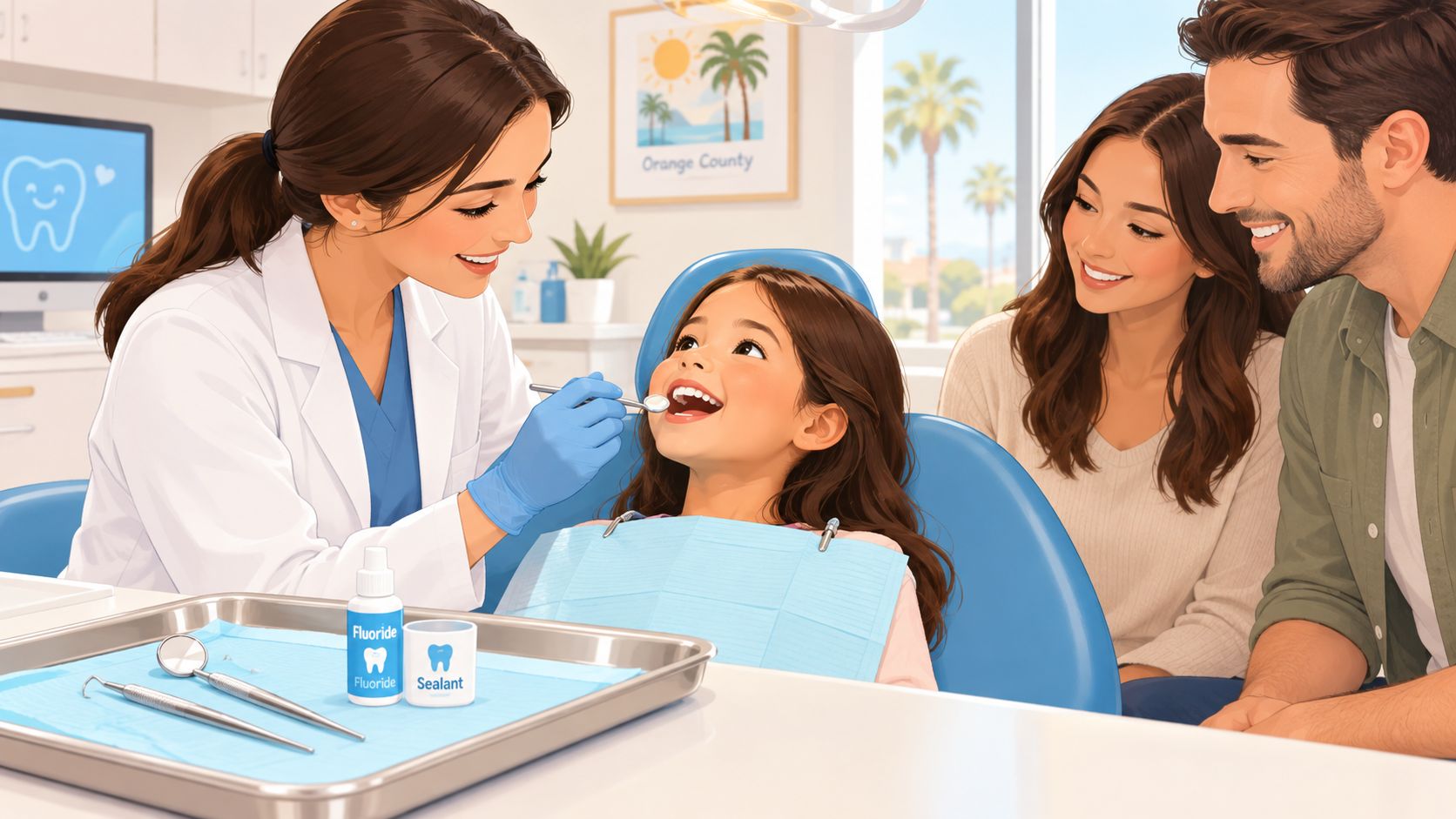 A friendly female dentist examining a young girl's teeth while her parents watch happily in the office.