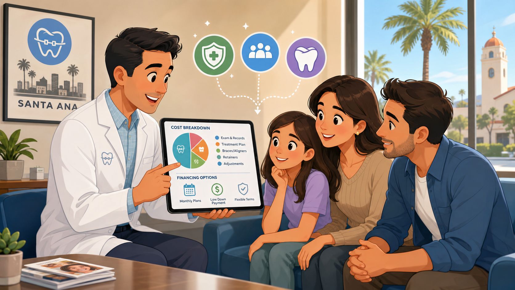 An orthodontist explaining treatment costs and financing options to a family in a professional dental office setting.