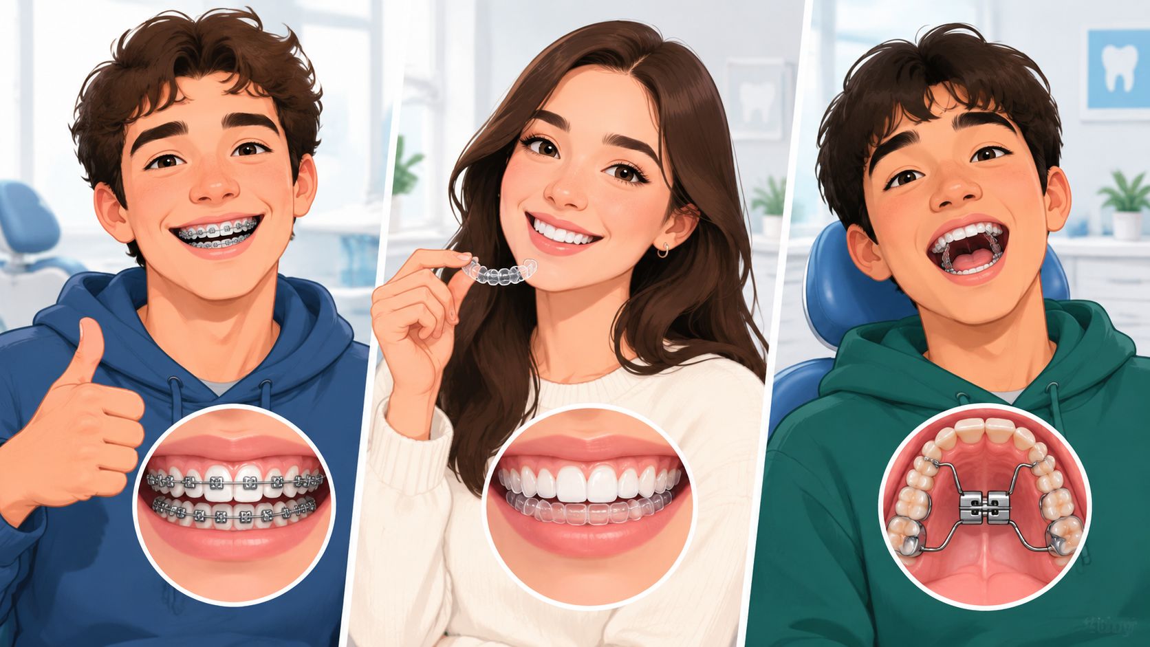 Three illustrations showing different orthodontic treatments including traditional braces, clear aligners, and a palatal expander appliance.
