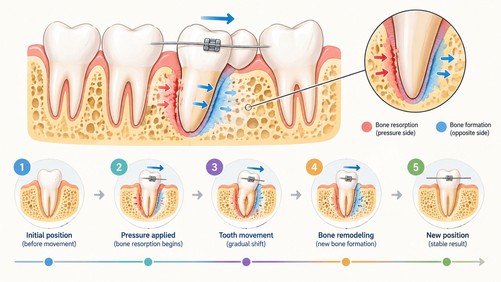 A diagram illustrating the biological process of tooth movement in orthodontics through bone resorption and remodeling.