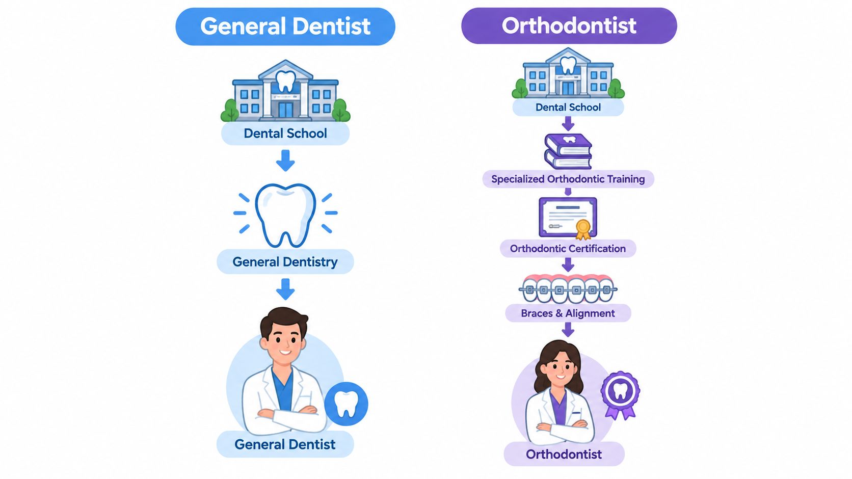 An infographic comparing the education and training paths of a general dentist versus an orthodontist.