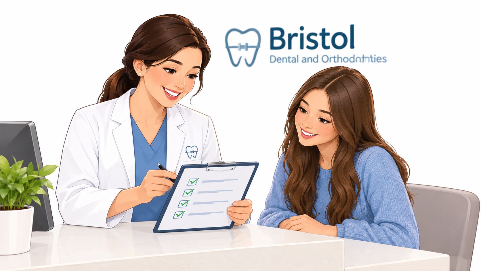 A friendly female orthodontist reviewing a checklist with a smiling young patient at a dental office.