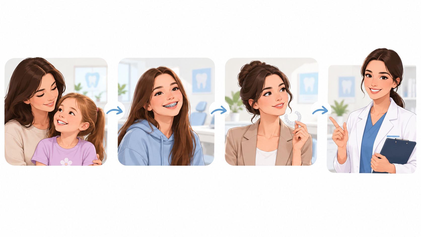 A sequence of illustrations showing a young girl growing into an adult consulting an orthodontist.