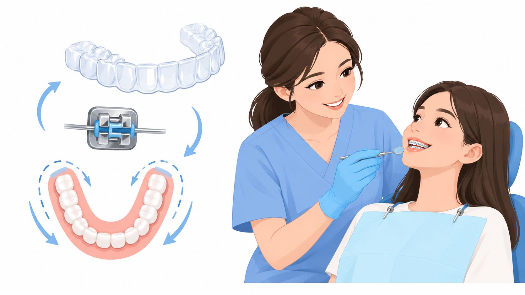 A professional orthodontist examining a patient who is wearing dental braces in a modern dental office.