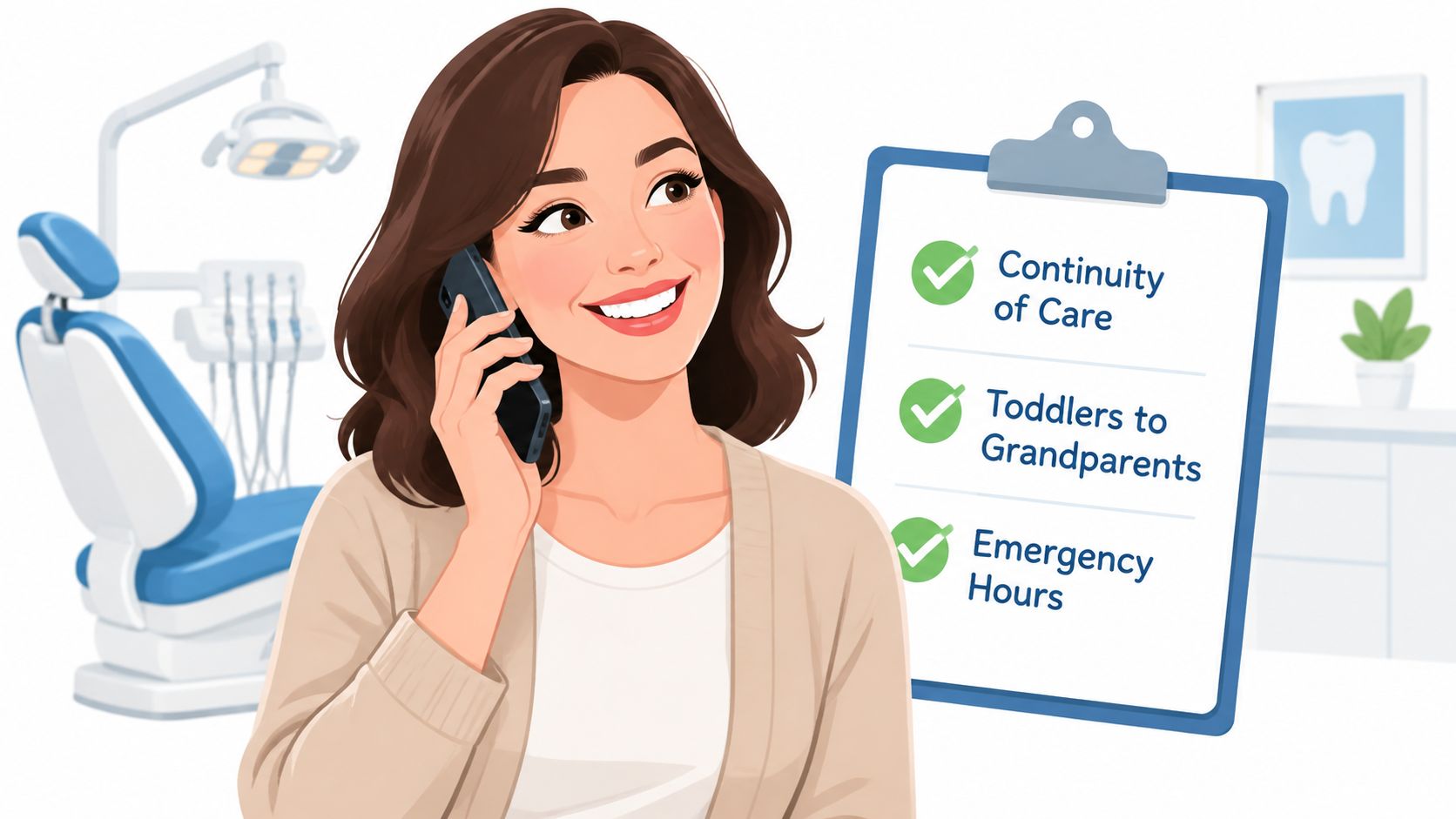 A friendly woman scheduling an appointment by phone at a professional family dental clinic practice.