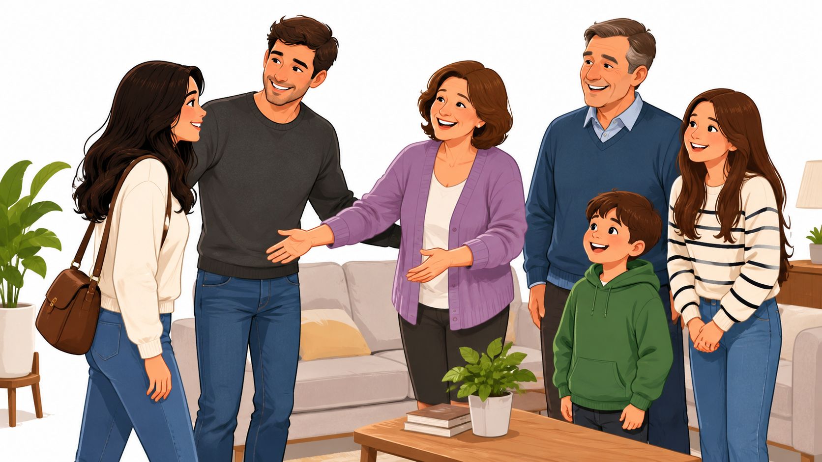 A happy multi-generational family greeting each other warmly in a bright and cozy living room.