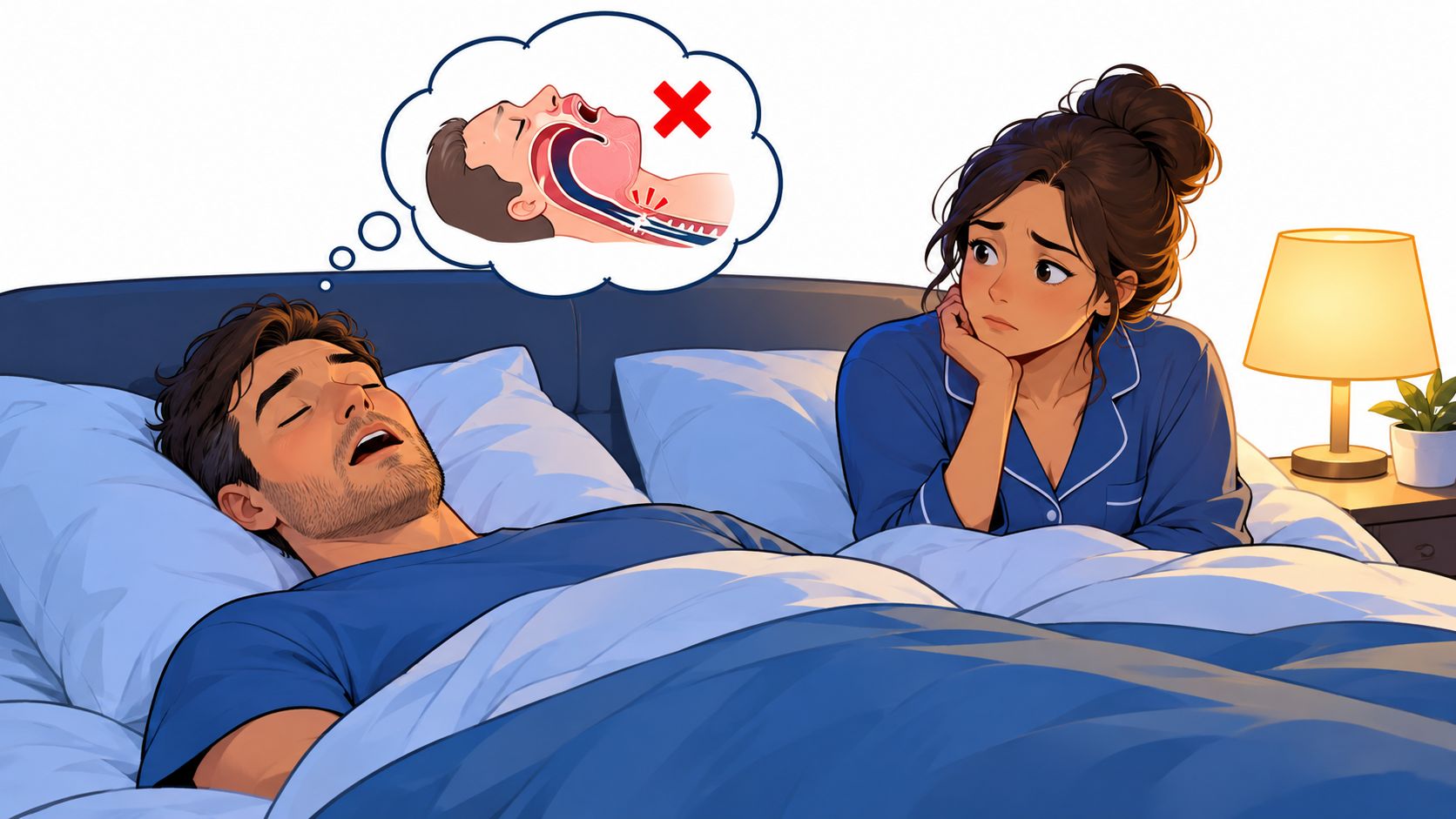 A concerned woman watches her partner sleep while a thought bubble illustrates snoring or sleep apnea issues.