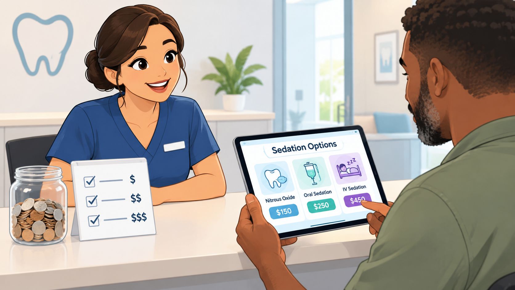 A friendly dental receptionist discusses sedation dentistry options with a patient using a tablet in an office.