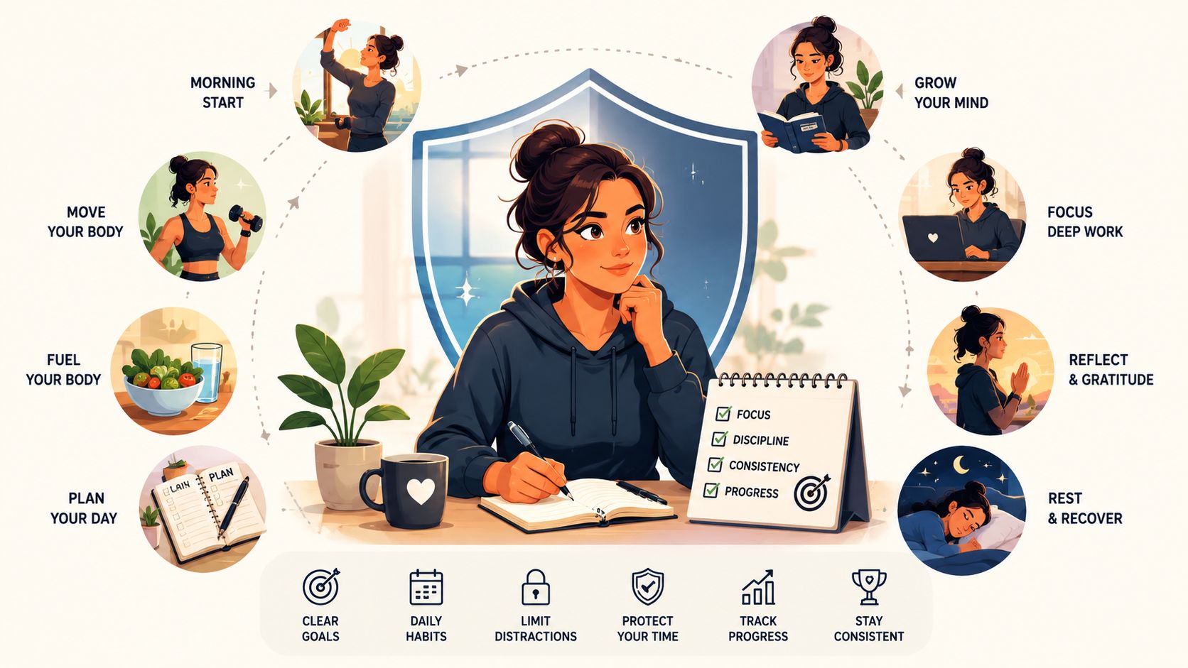 An illustration of a person practicing healthy habits like planning, exercise, deep work, and mindfulness.
