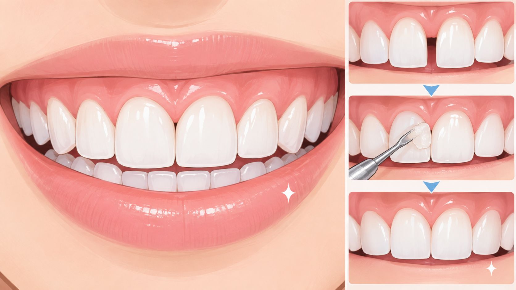 A dental illustration showing the step-by-step process of closing a gap between front teeth with bonding.