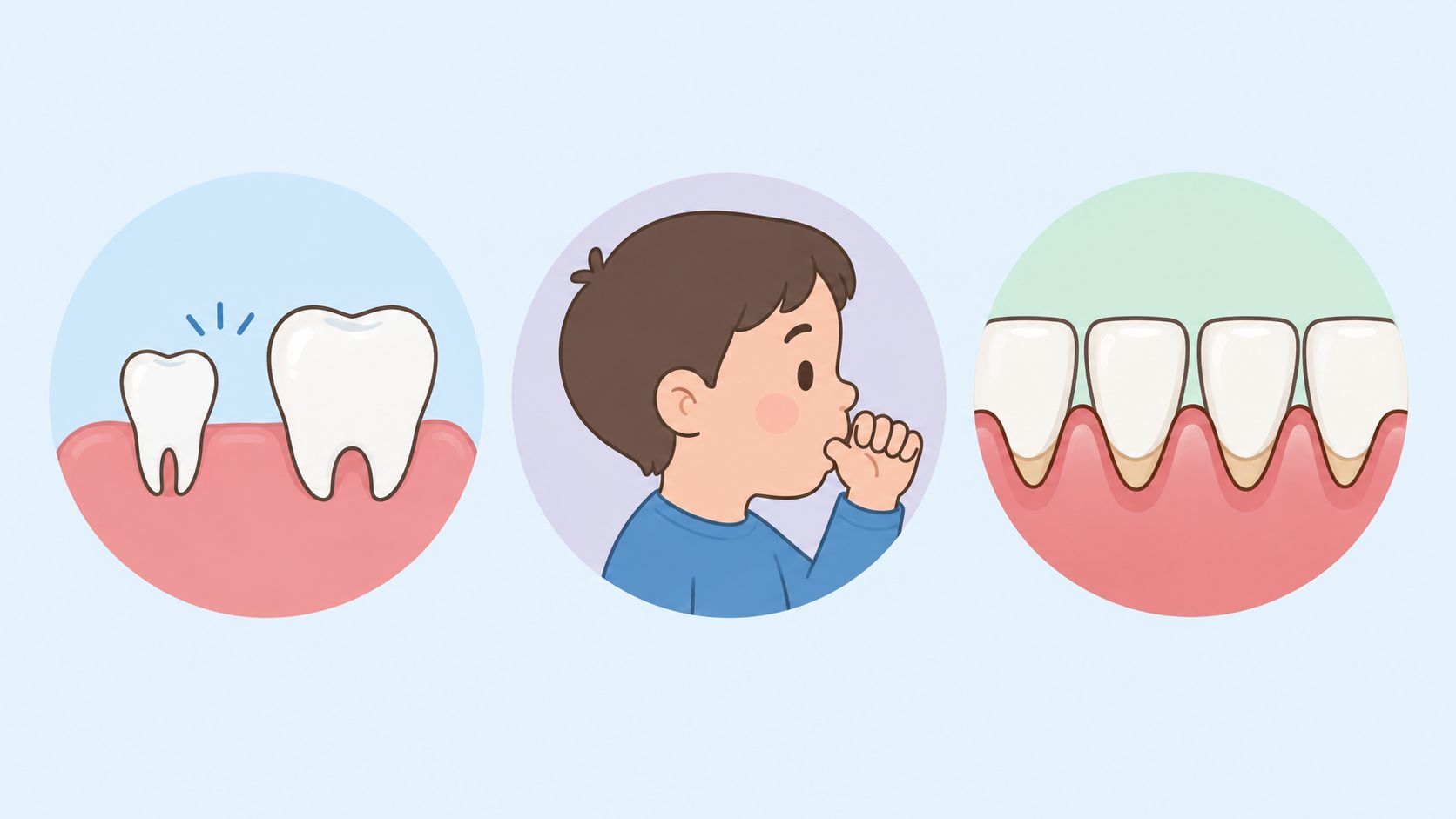 An illustration showing teeth development, a child sucking their thumb, and healthy gum alignment in circles.