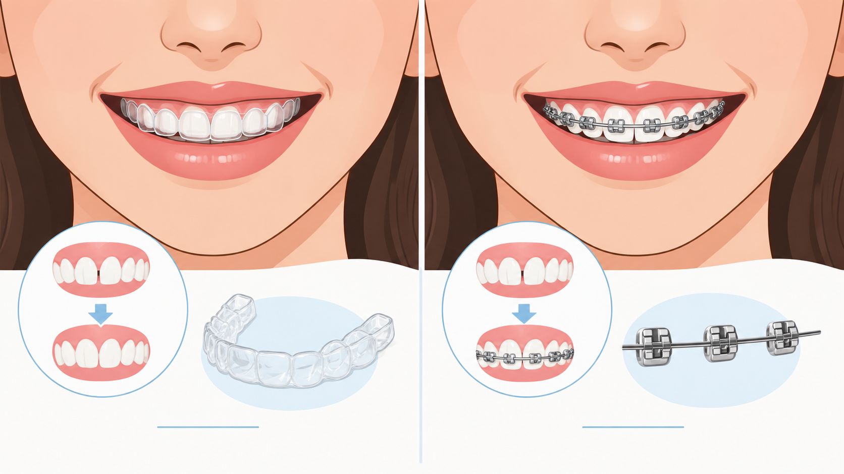 A split image comparing clear aligners and metal braces for correcting teeth spacing and alignment issues.