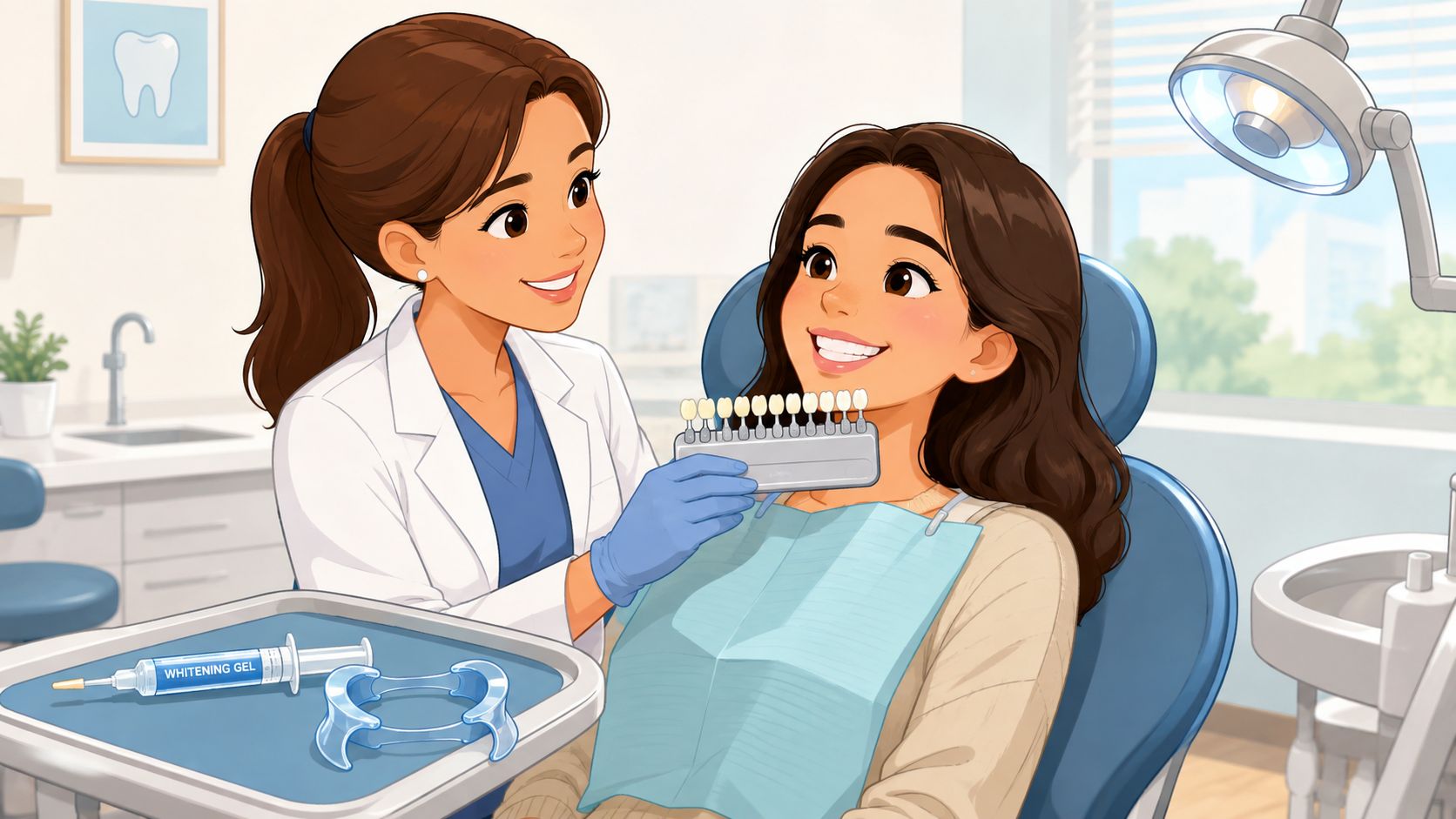 A friendly dentist comparing tooth shade with a patient during a professional teeth whitening treatment session.