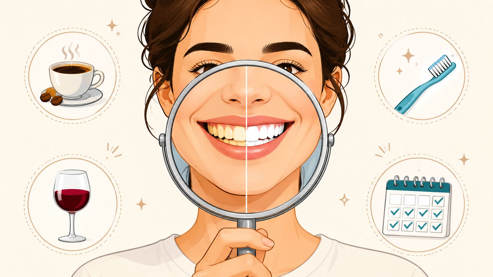 A woman holding a magnifying glass showing the contrast between yellow teeth and white teeth.
