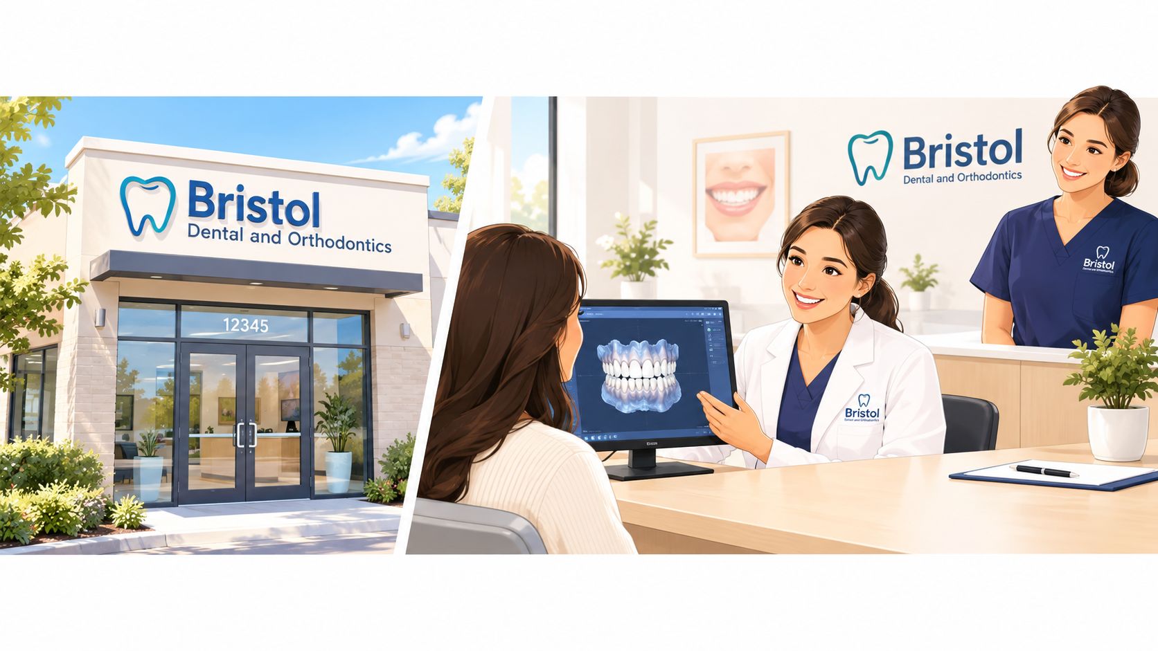 A friendly dentist explaining digital teeth scans to a patient at Bristol Dental and Orthodontics clinic.