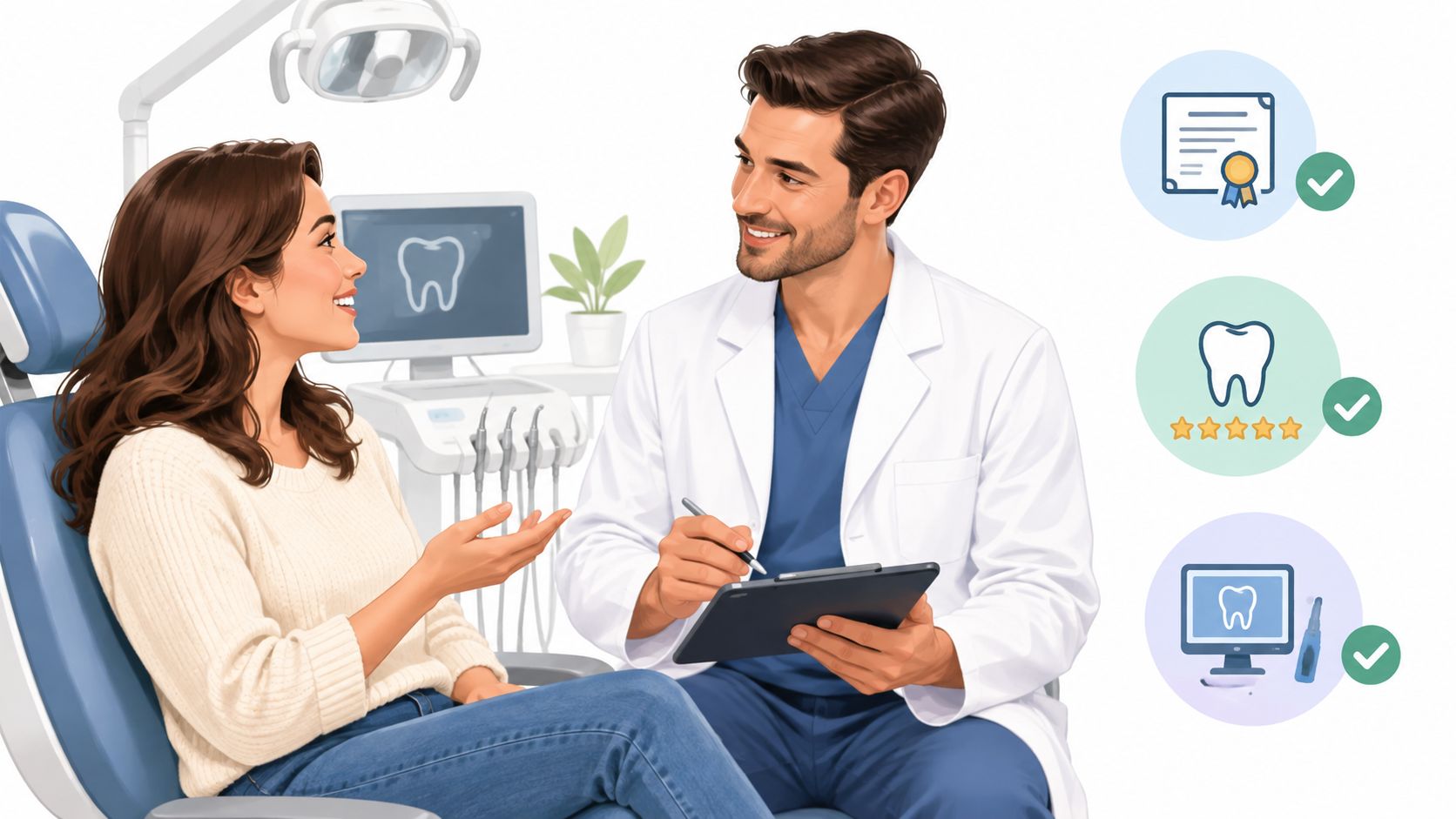A friendly dentist consulting with a patient in a modern dental office with icons highlighting qualifications