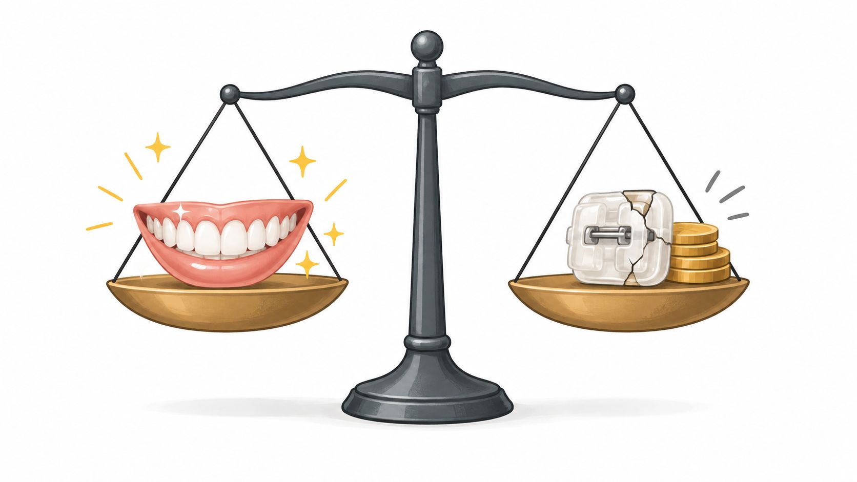 A balance scale weighing a bright smile on one side against ceramic braces and money on the other.