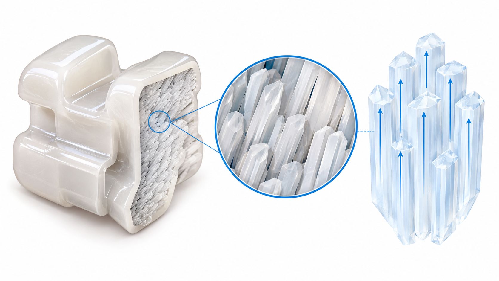 A microscopic view of the polycrystalline structure inside a clear ceramic orthodontic bracket for braces.